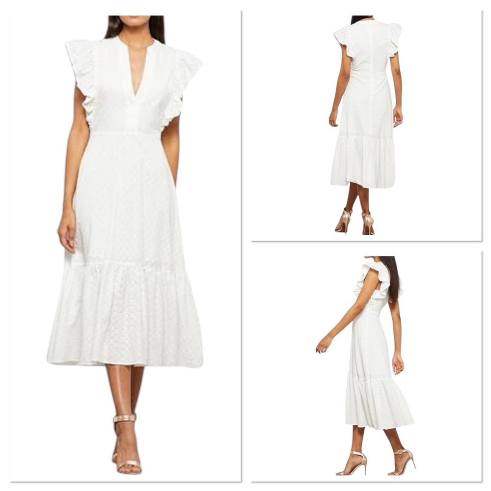 BCBGMAXAZRIA Women's Ruffle Short Sleeve Maxi Dress V Neck‎ White Large Cotton